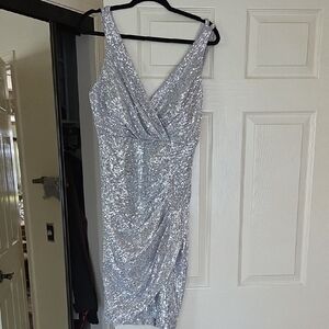 Night Way Collections Silver Sequin Ruched Mini Dress